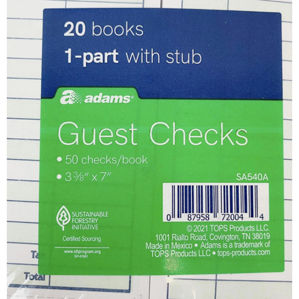 Adams 20- 1 Part Guest Checks with Stub Receipt  Restaurant Servers SA540A